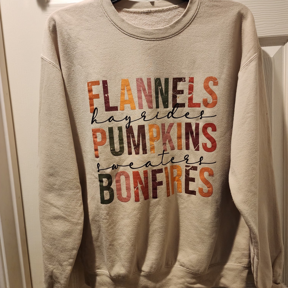 Beige Fall-Themed Graphic Sweatshirt